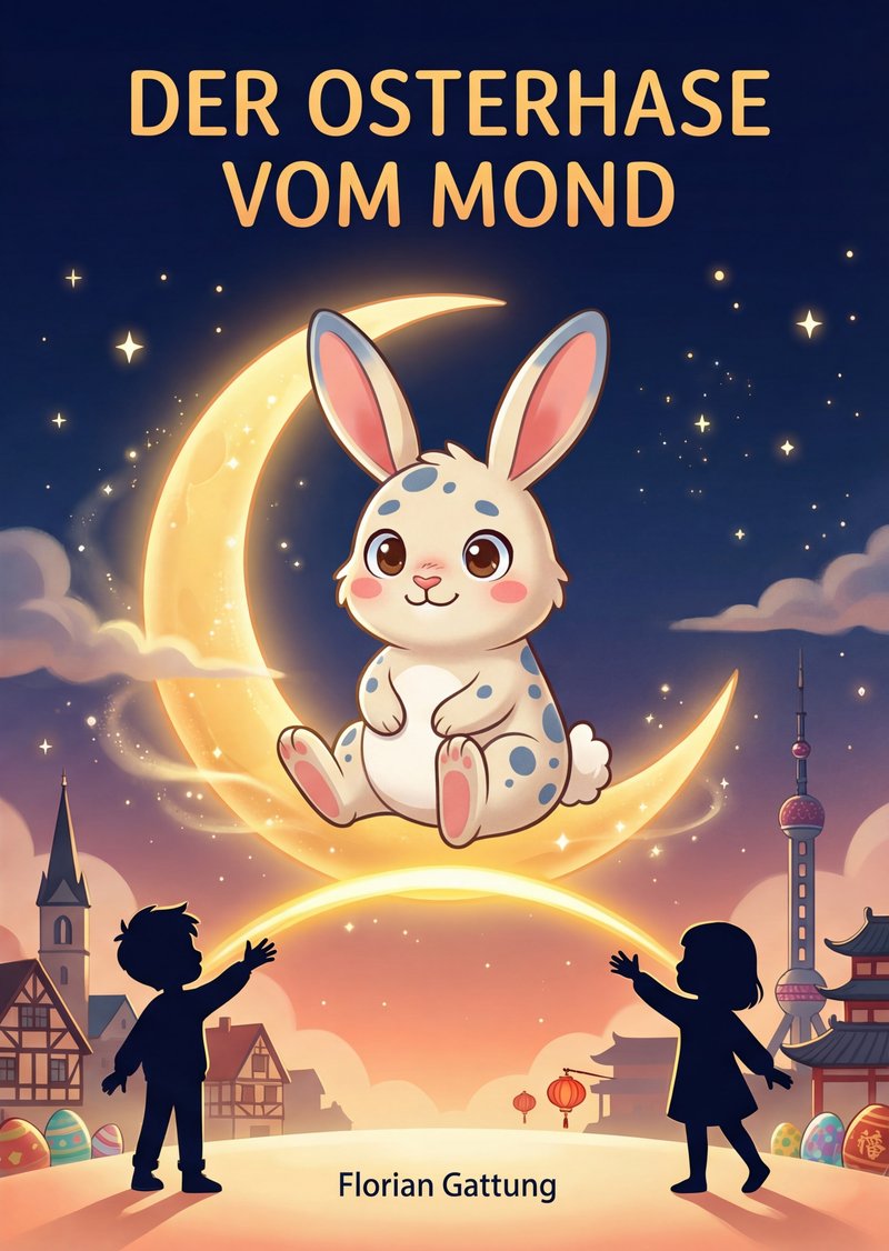 Buchcover: Der Osterhase vom Mond – Ein weißer Hase sitzt auf einem leuchtenden Mond, darunter die Silhouetten zweier Kinder