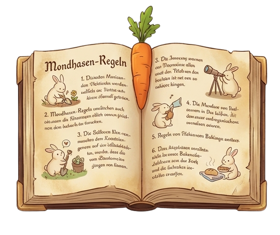 Mondhasen-Regeln Band 1-999 – Ein dickes braunes Buch mit goldenem Mondhase-Emblem